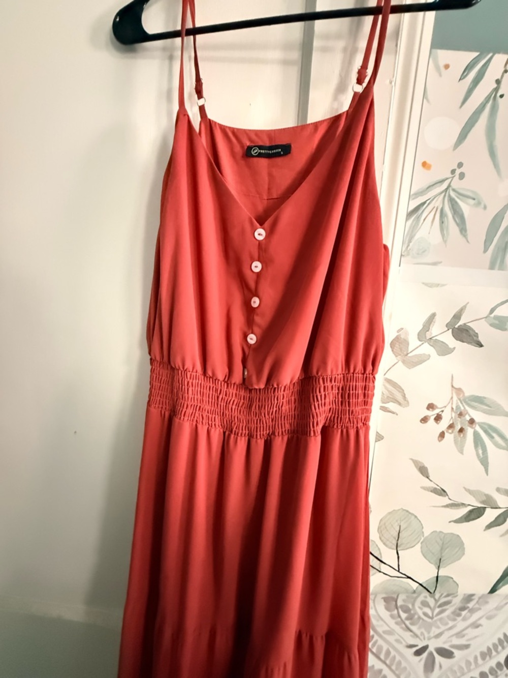 Women’s Coral Red Maxi Dress with Smocked Waist and Buttons - Picture 3 of 4